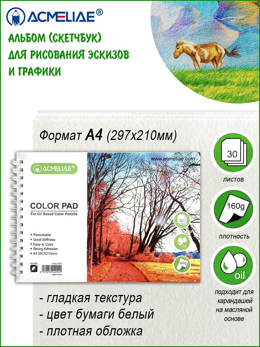Альбом-скетчбук ACMELIAE Для рисования и творчества на пружине А4 160 г 30  листов