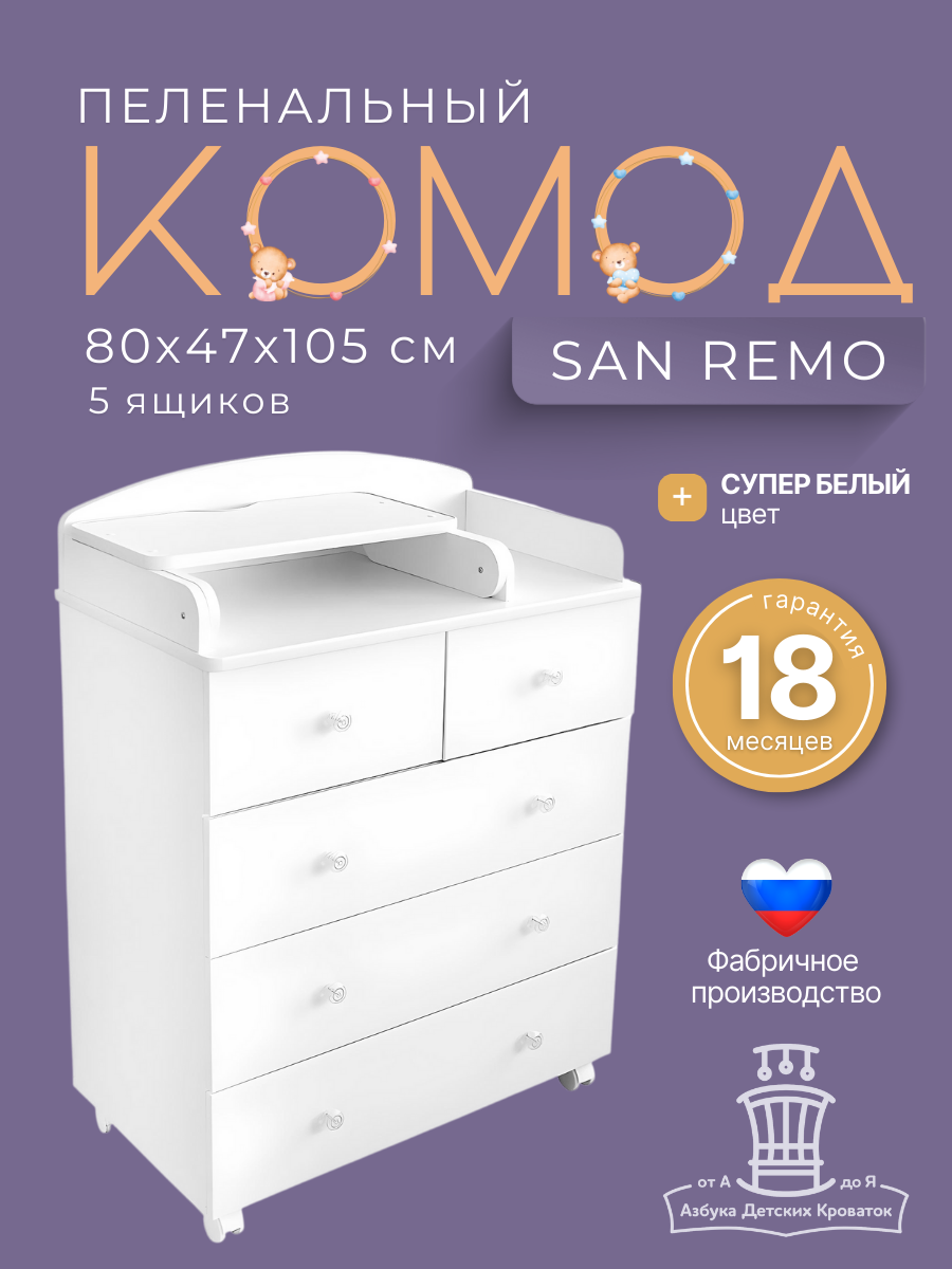 Комод детский пеленальный Азбука Кроваток с откидной крышкой San Remo 80 47 100 см ЛДСП матовый 5 ящиков белый - фото 2