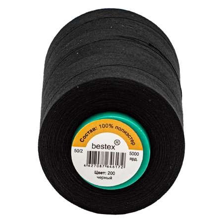 Нитки Bestex промышленные для тонких тканей для шитья и рукоделия 50/2 5000 ярд 1 шт 200 черный