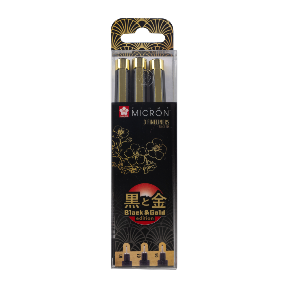 Набор капиллярных ручек SAKURA Pigma Micron Gold Limited Edition 3 штуки 0.25мм 0.35мм 0.45мм цвет чернил черный - фото 1