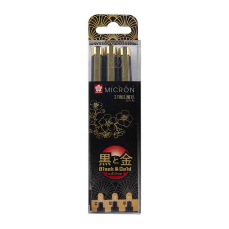 Набор капиллярных ручек Sakura Pigma Micron Gold Limited Edition 3 штуки 0.25мм 0.35мм 0.45мм цвет чернил черный