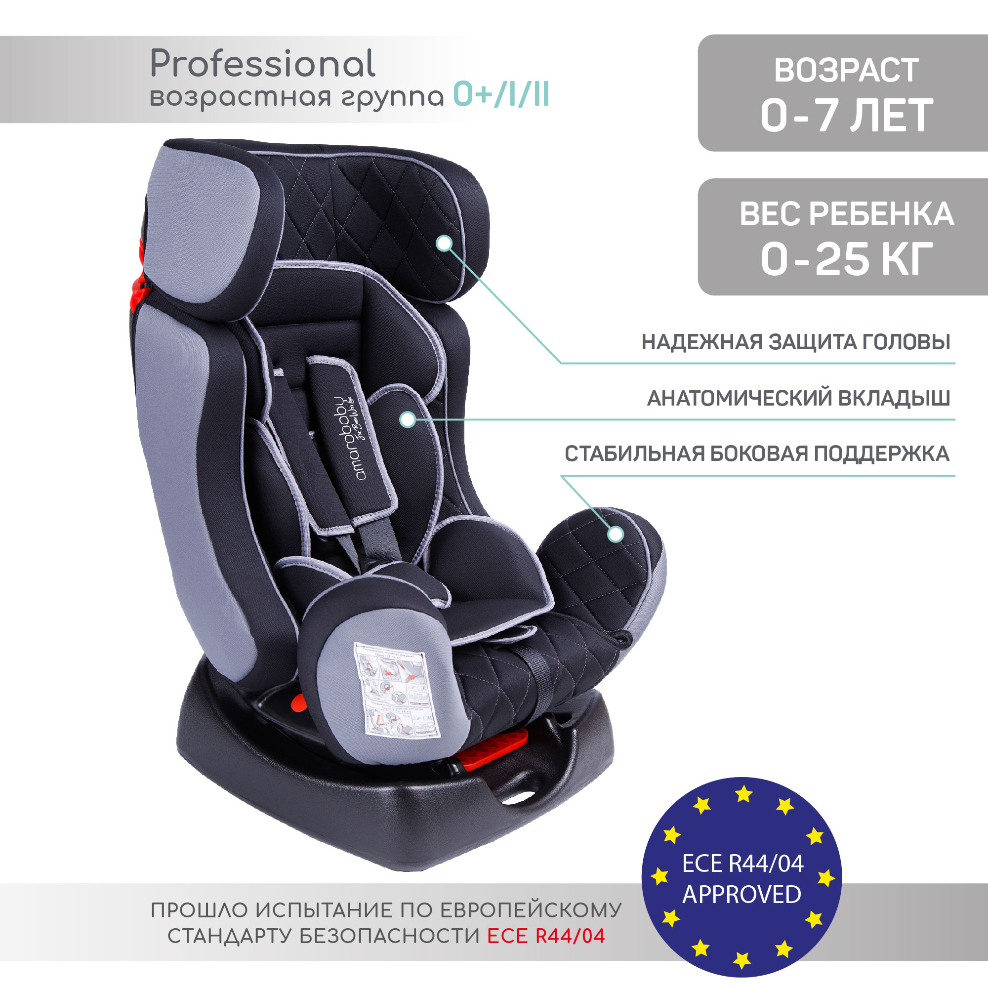 Автокресло Amarobaby Professional группа 0 /I/II (чёрный/серый) AB212005PChS/09