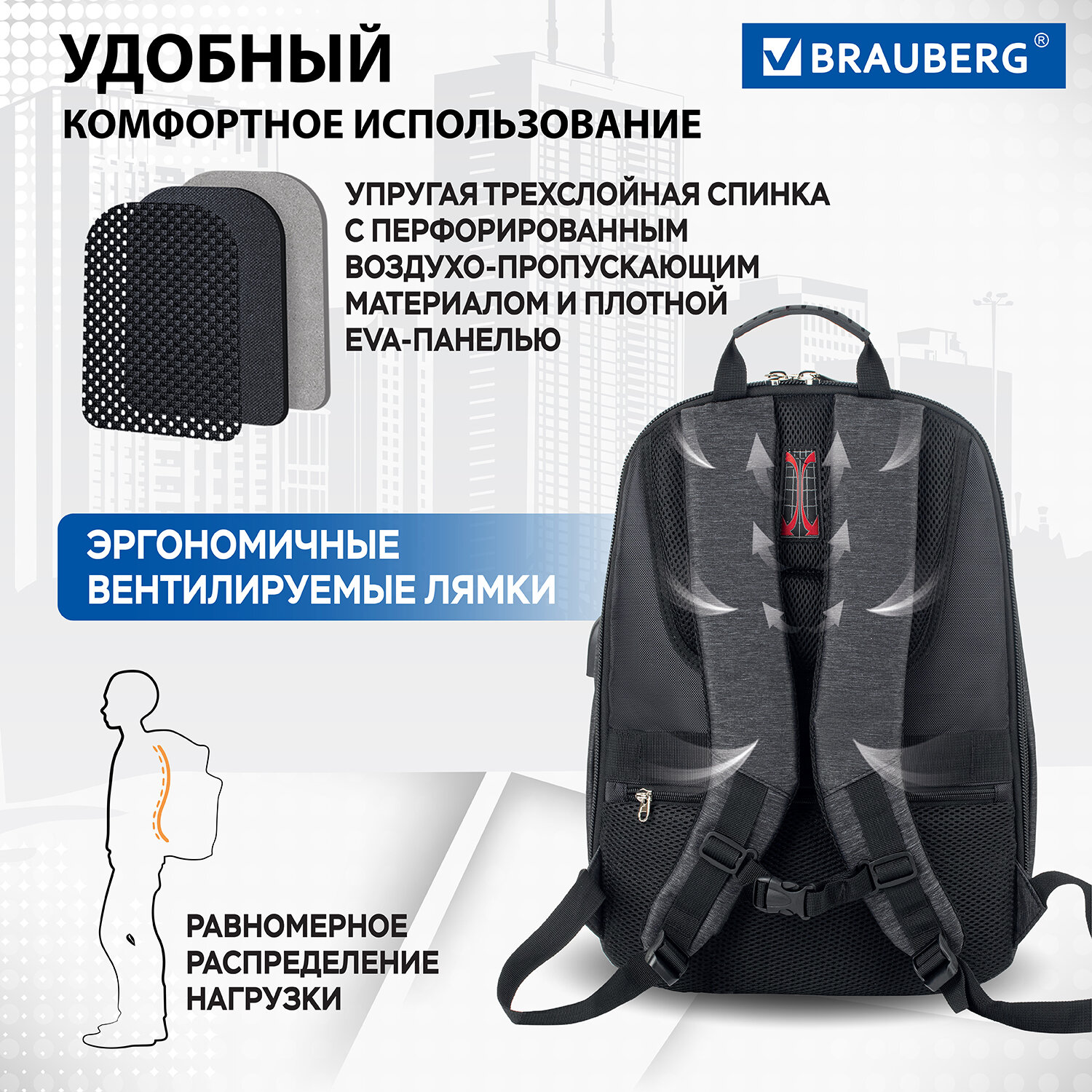 Рюкзак Brauberg с отделением для ноутбука USB-порт Progress - фото 3