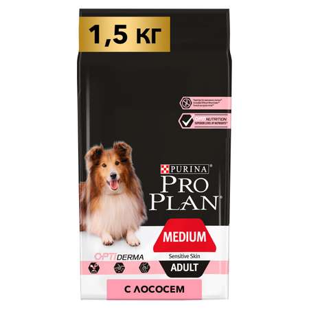 Корм для собак PRO PLAN средних пород с чувствительной кожей с комплексом Optiderma лосось с рисом пакет 1.5кг