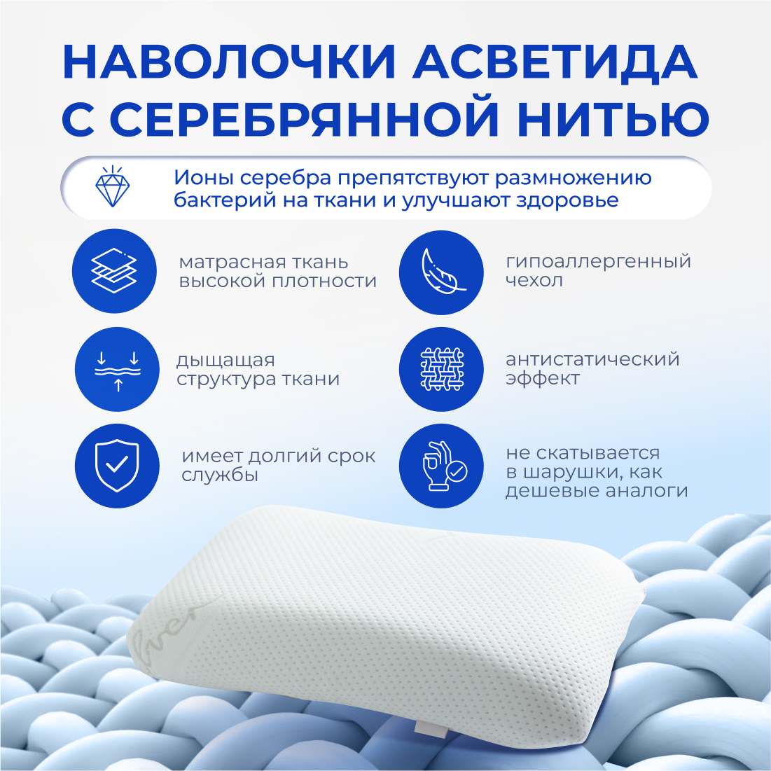 Анатомическая подушка Asvetida Silver 50*70 c эффектом памяти Memory Foam - фото 6