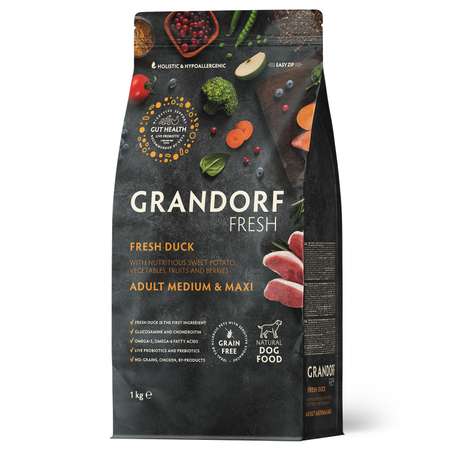 Корм для собак GRANDORF FRESH Fresh Dog Adult Med/Maxi Duck/Sweet Potato сред и круп пород Свежее мясо утки 1кг беззерн с жив пробиот