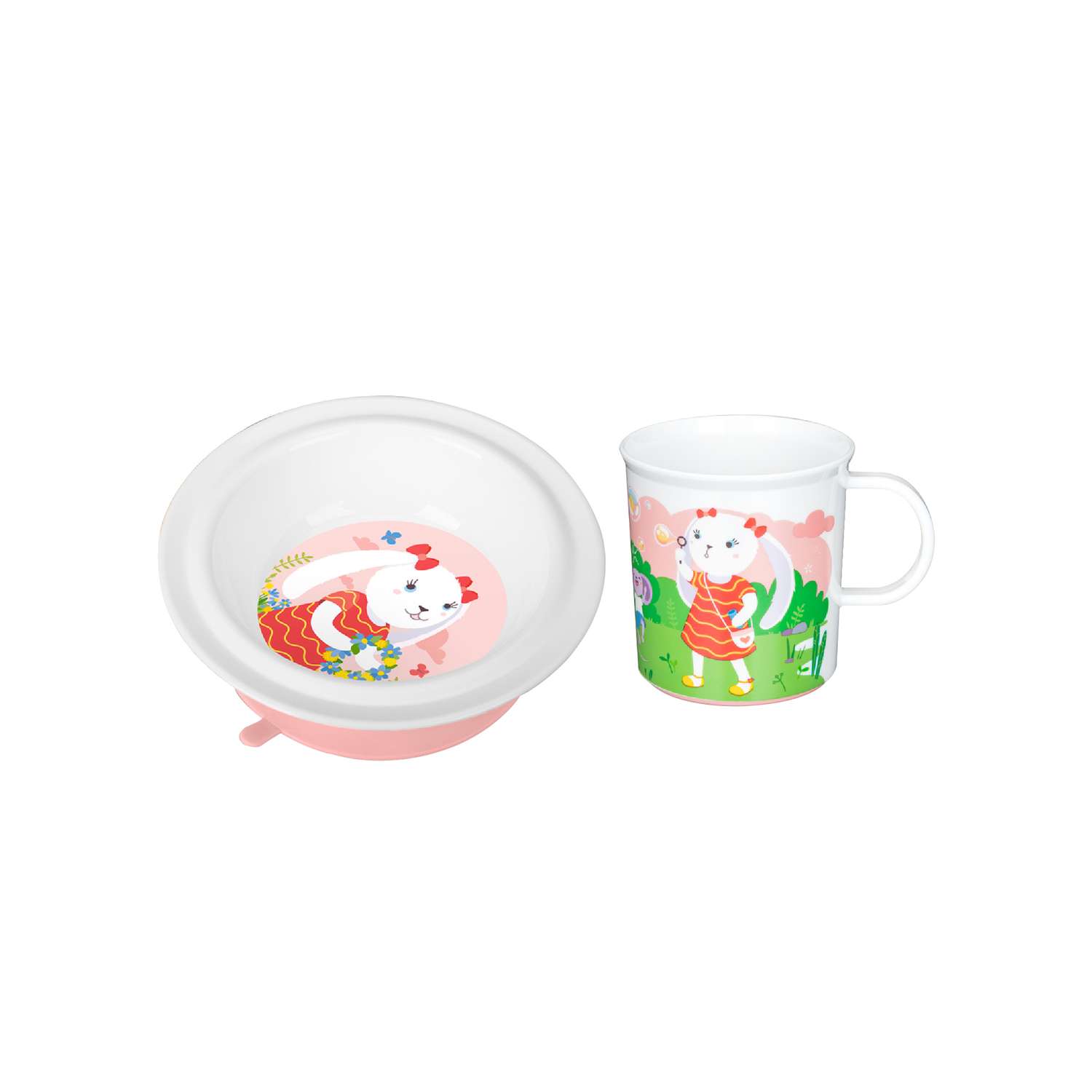 Набор детской посуды Пластишка тарелка глубокая на присосе + кружка с нескользящим дном 200 мл розовый - фото 1