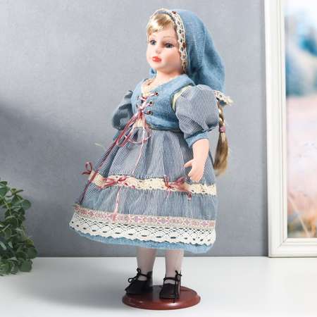 Кукла коллекционная Зимнее волшебство керамика «Катя в голубом платье с завязками в косынке» 40 см