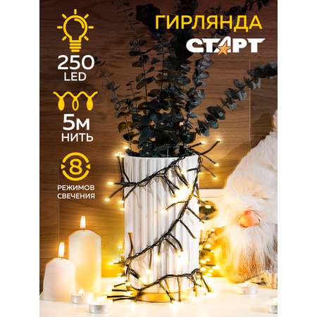 Гирлянда декоративная СТАРТ 250LED 220V 8 режимов 5 м нить белый