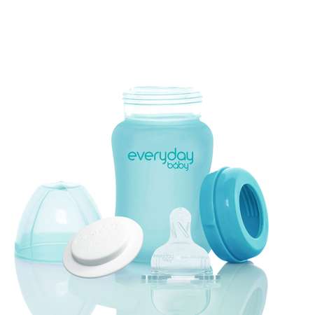 Бутылочка Everyday Baby Healthy стеклянная с индикатором температуры и силиконовым покрытием 150 мл бирюзовый