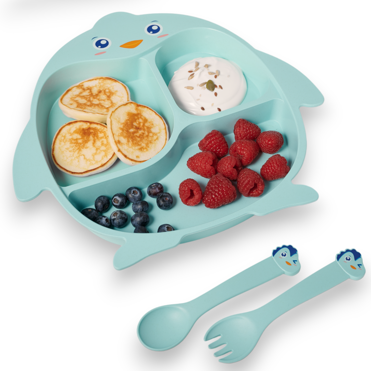 Набор детской посуды Добрый Филин Тарелка вилка ложка Пингвинёнок голубой 4 предмета - фото 1