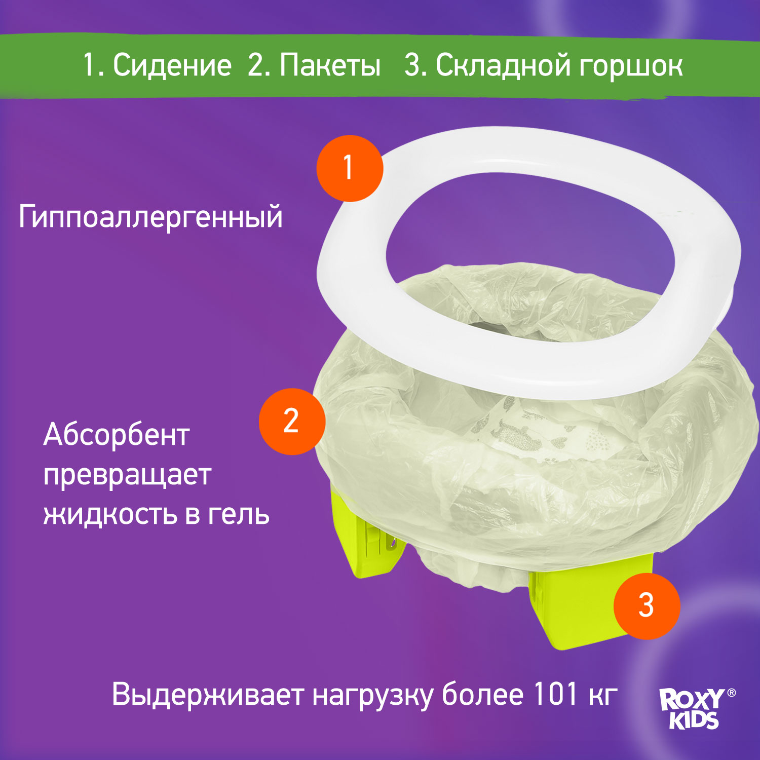 Горшок дорожный ROXY-KIDS складной с многоразовой вкладкой HandyPotty 3 в 1 цвет лайм/оранжевый - фото 8