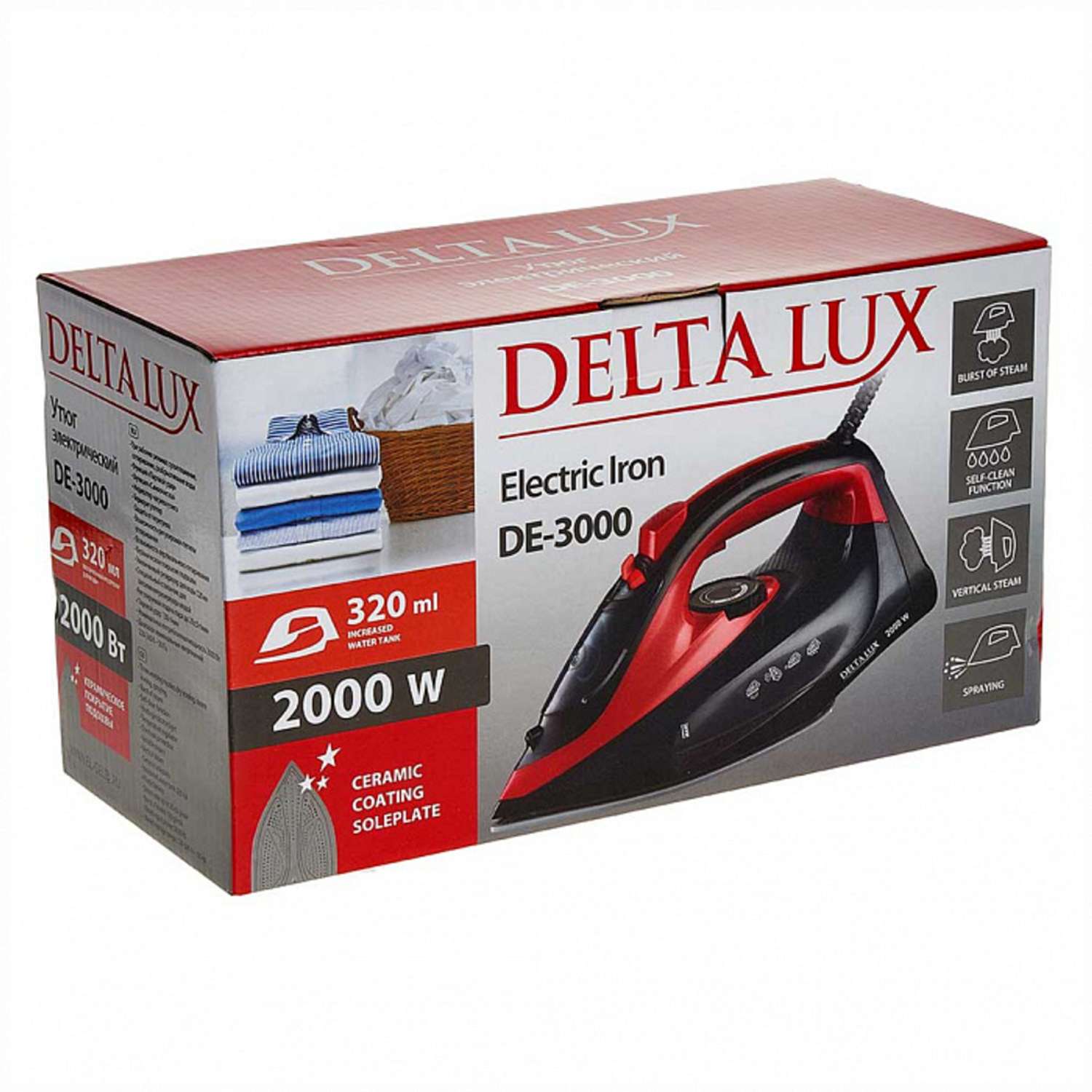 Утюг Delta Lux DE-3000 черный с красным 2000 Вт керамика самоочистка паровой удар 320 мл - фото 5