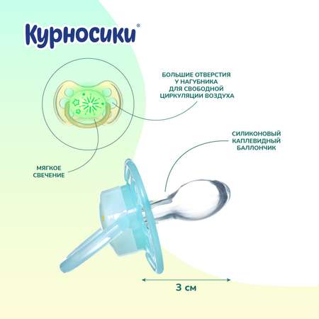 Соска-пустышка Курносики силиконовая каплевидная светящаяся 2шт 13433