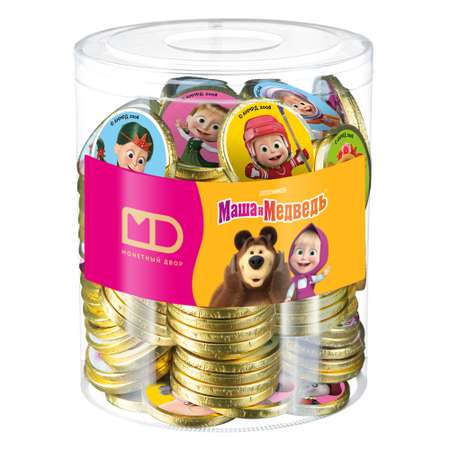 Шоко монеты Маша и медведь из шоколадной глазури в банке 120 шт по 6 гр.