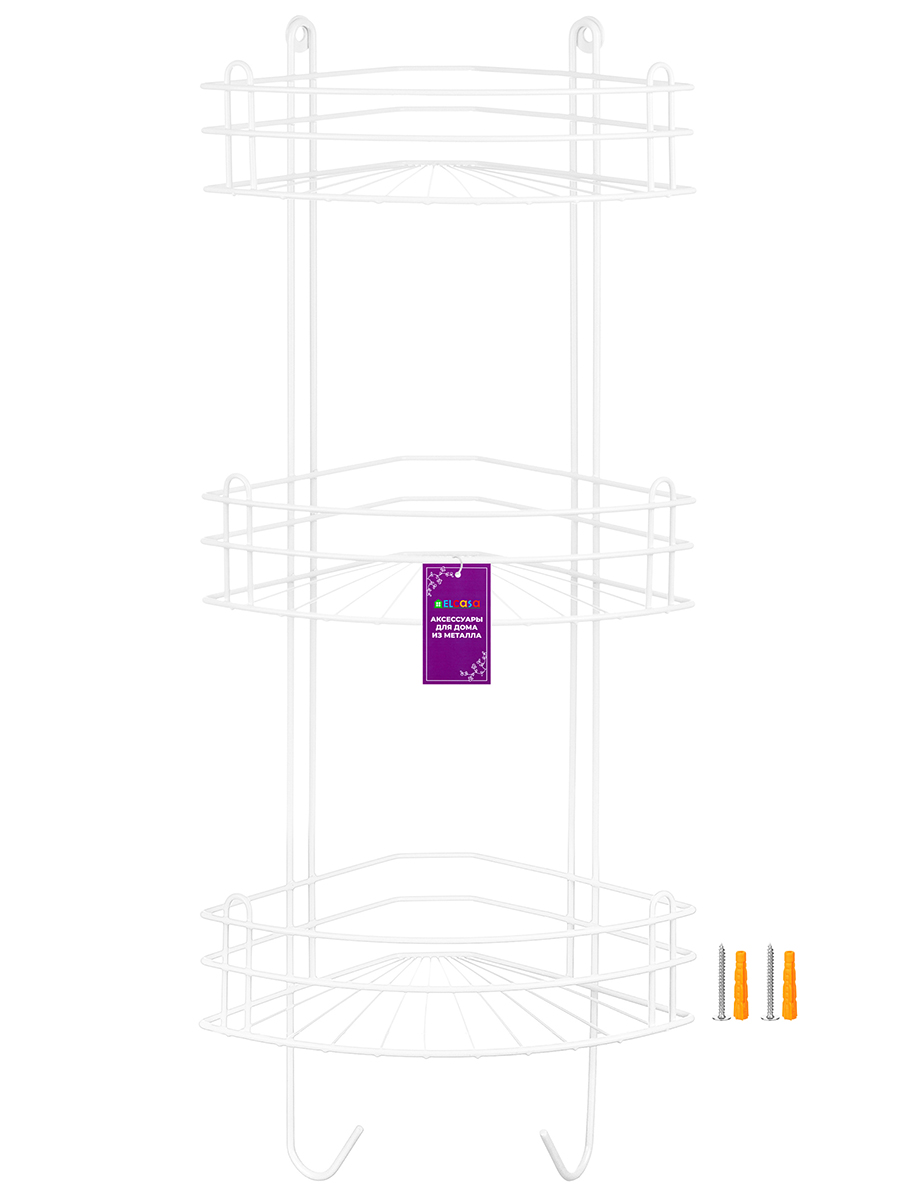 Полка для ванной угловая El Casa 3-х ярусная с крючками 28.6х18х71 см Белая радиальная глубокая - фото 8