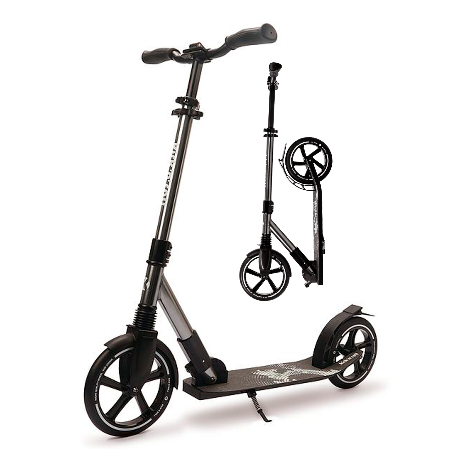 Самокат детский kick n roll складной алюминиевый чёрно-серебристого цвета с амортизатором колеса 230 мм - фото 2