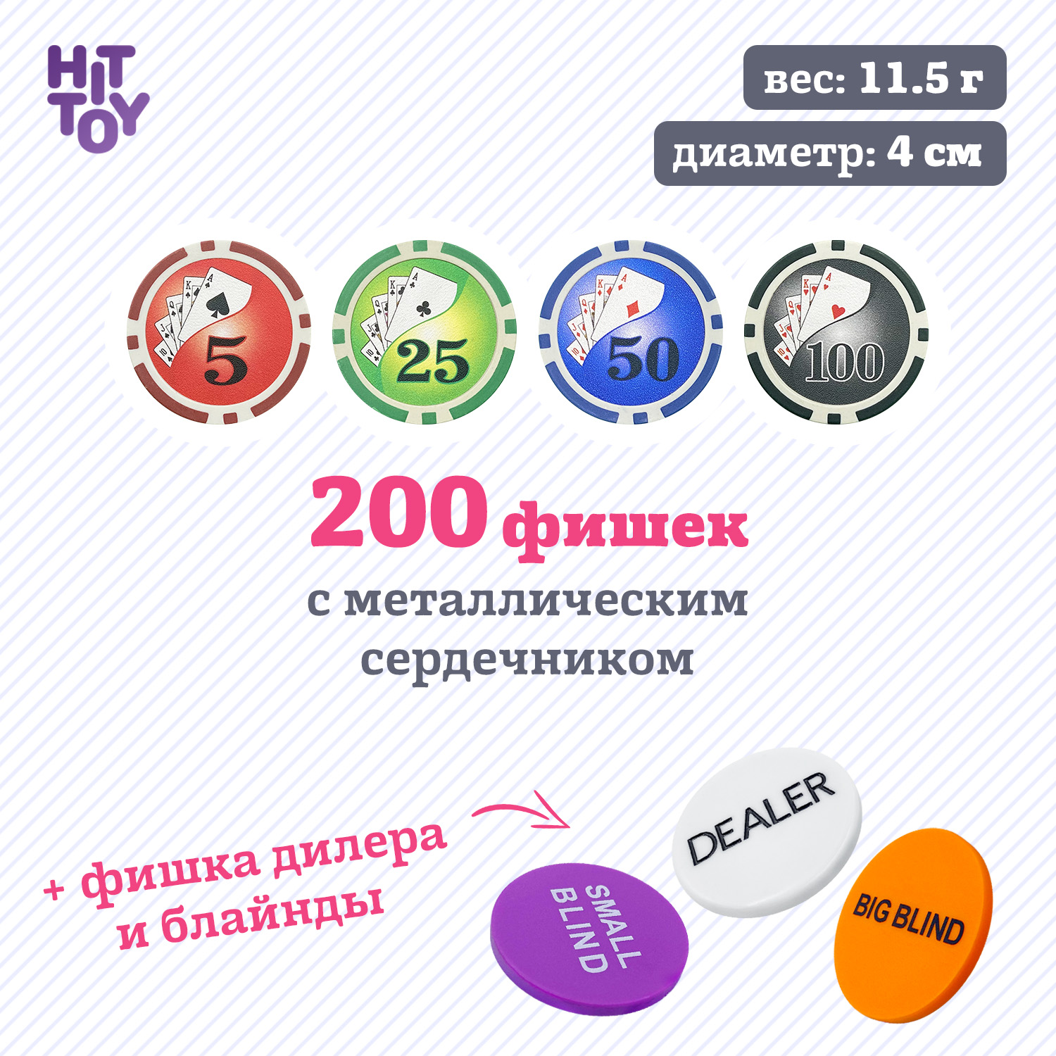 Покерный набор HitToy Royal Flush 200 фишек c номиналом в чемодане - фото 3