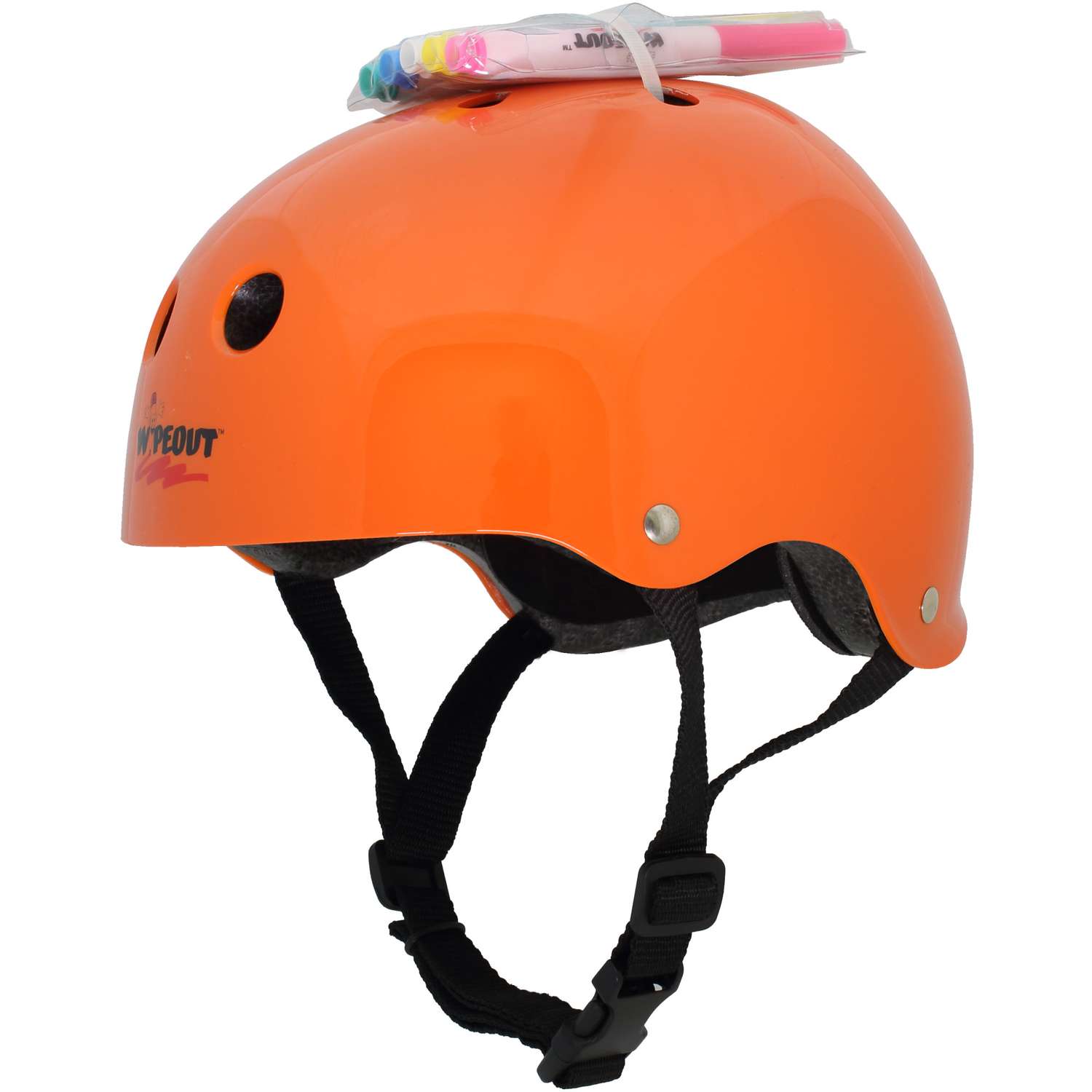 Шлем защитный спортивный WIPEOUT Neon Tangerine (оранжевый) с фломастерами и трафаретами / размер M 5+ / обхват 49-52 см. - фото 1