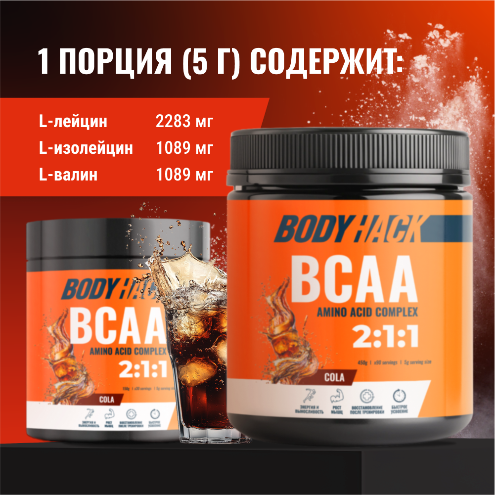 Аминокислоты BCAA 2:1:1 BodyHack кола 90 порций 450 г - фото 2