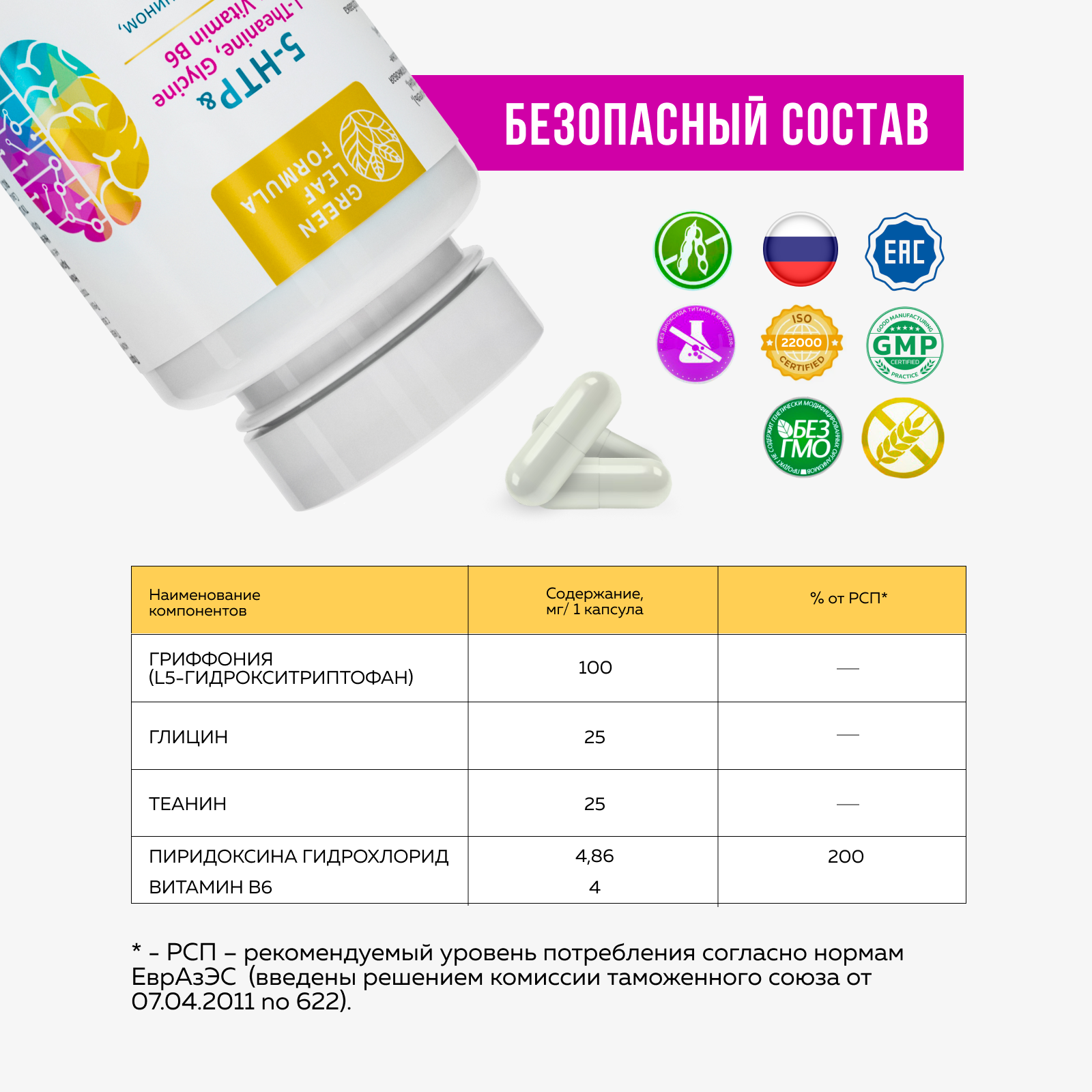 5 НТР 100 мг антидепрессант Green Leaf Formula от стресса и депрессии успокоительное для взрослых от нервов - фото 5