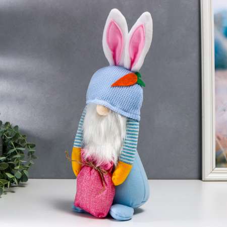 Кукла интерьерная Зимнее волшебство «Гном в шапке с зайчьими ушами с мешком» голубой 40х14 см