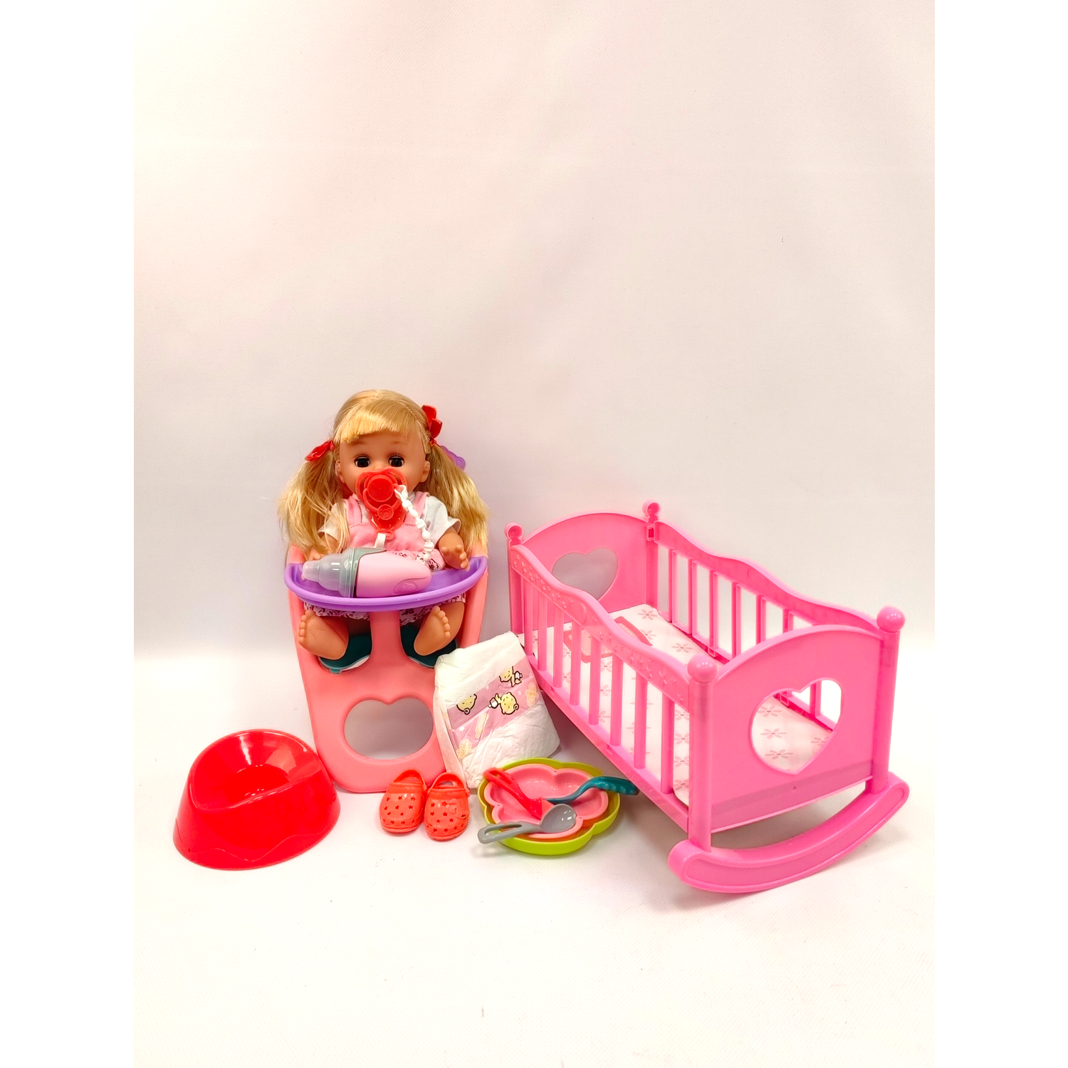 Кукла пупс интерактивная SHARKTOYS в розовом комбинезоне 30 см 12 звуков с аксессуарами и кроваткой 1000000034 - фото 3