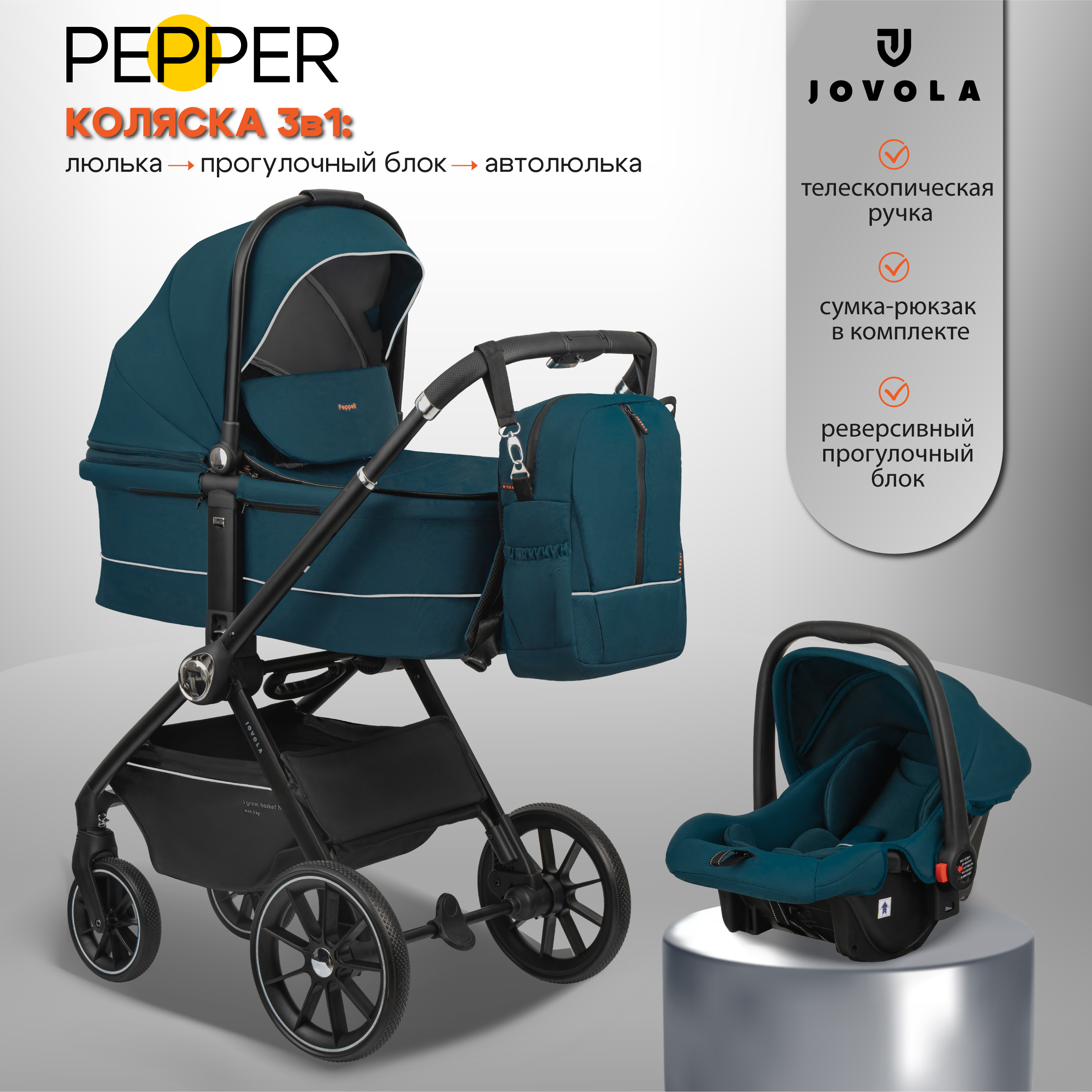 Коляска для новорожденных 3 в 1 JOVOLA Pepper с автолюлькой зеленый - фото 2