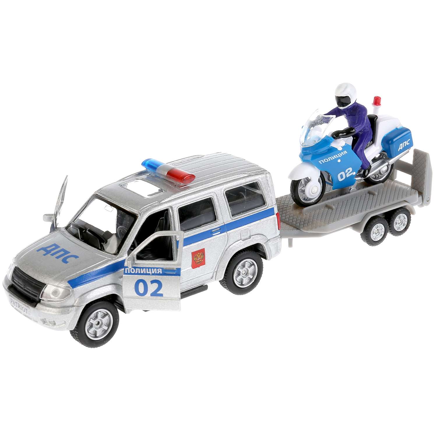 Машина Технопарк UAZ Рatriot Полиция инерционная +мотоцикл на прицепе 266070 266070 - фото 1