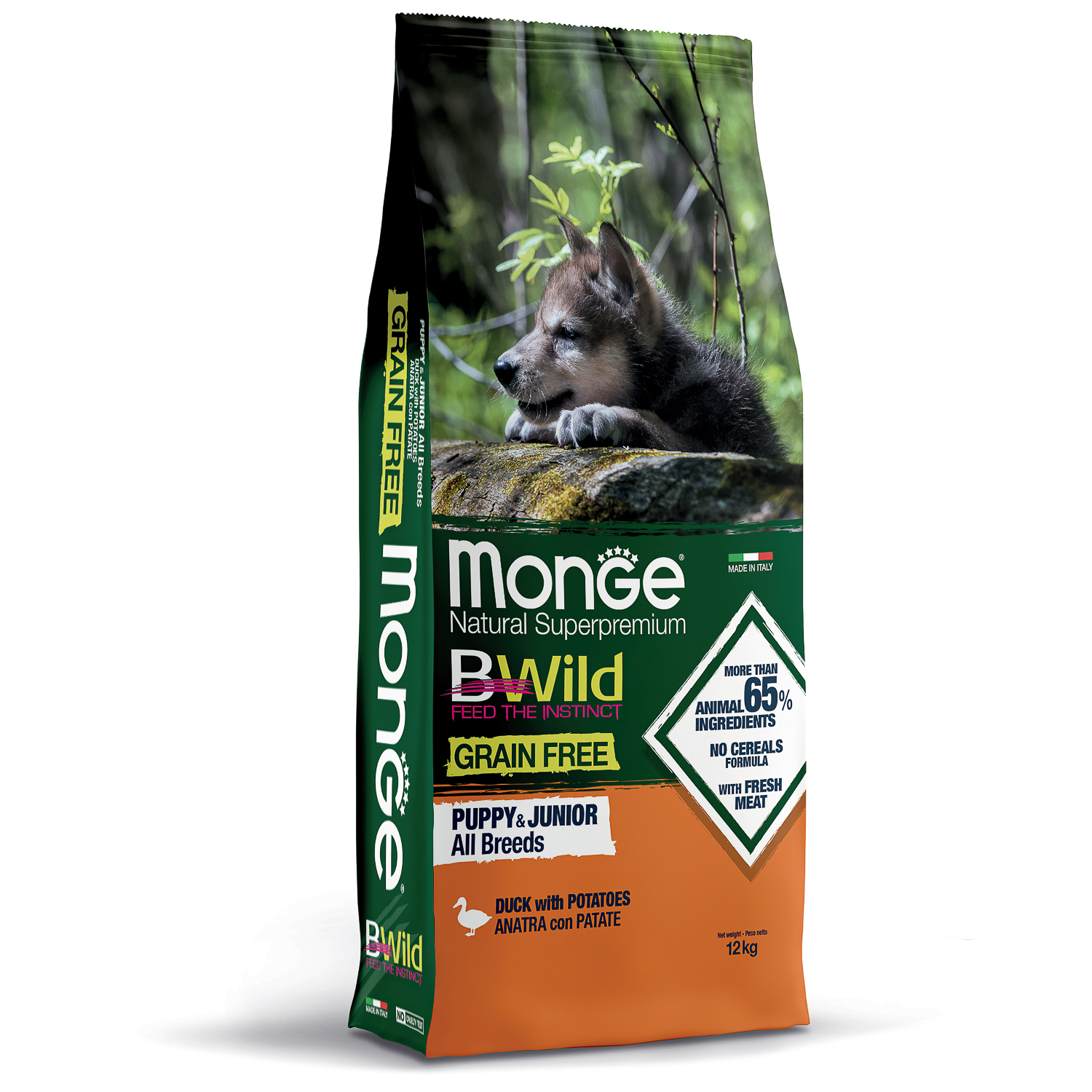 Корм для щенков MONGE BWild Grain free из мяса утки с картофелем 12кг - фото 1