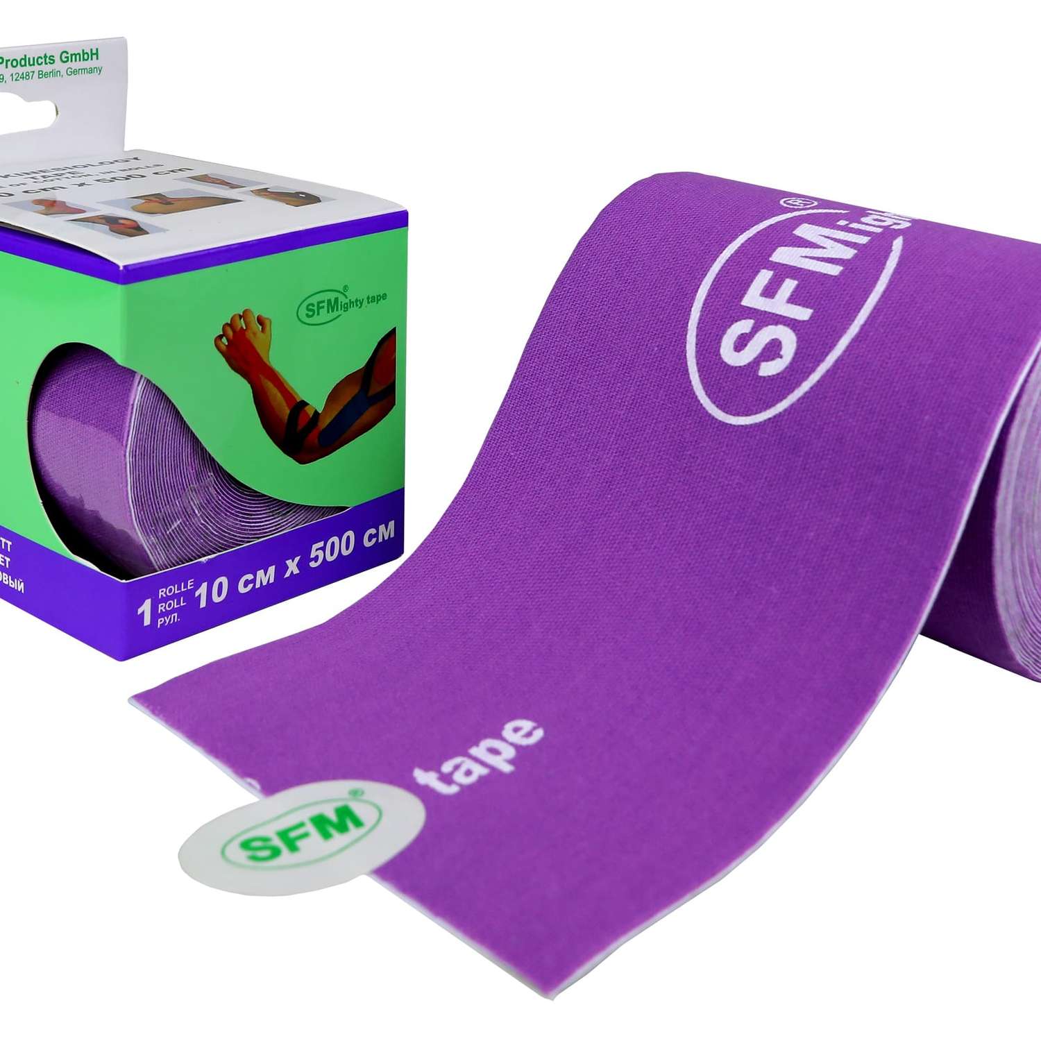 Кинезиотейп SFM Hospital Products Plaster на хлопковой основе 10х500 см фиолетового цвета в диспенсере с логотипом - фото 2