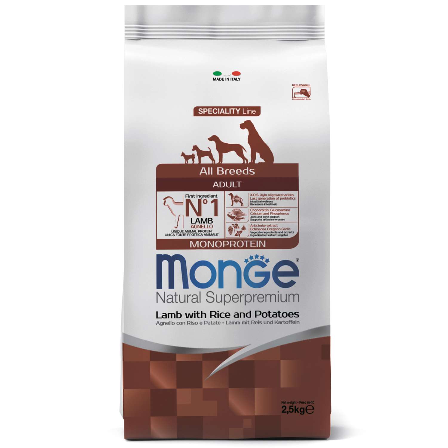 Корм для собак MONGE Dog Monoprotein всех пород ягненок с рисом и картофелем сухой 2.5кг - фото 1