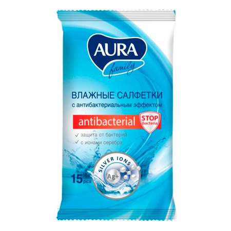 Влажные салфетки AURA Antibacterial Family pocket-pack 15шт