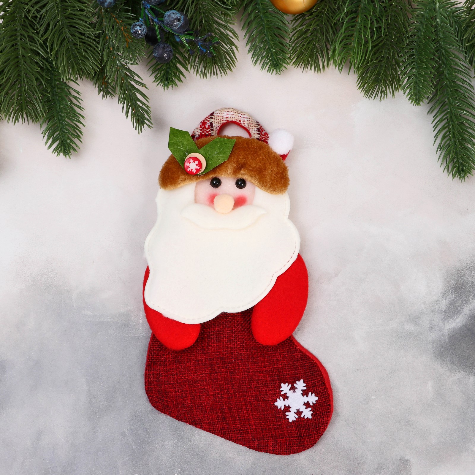 Носок Зимнее волшебство для подарков «Дед Мороз с ягодкой» 11х26 см бело красный - фото 1