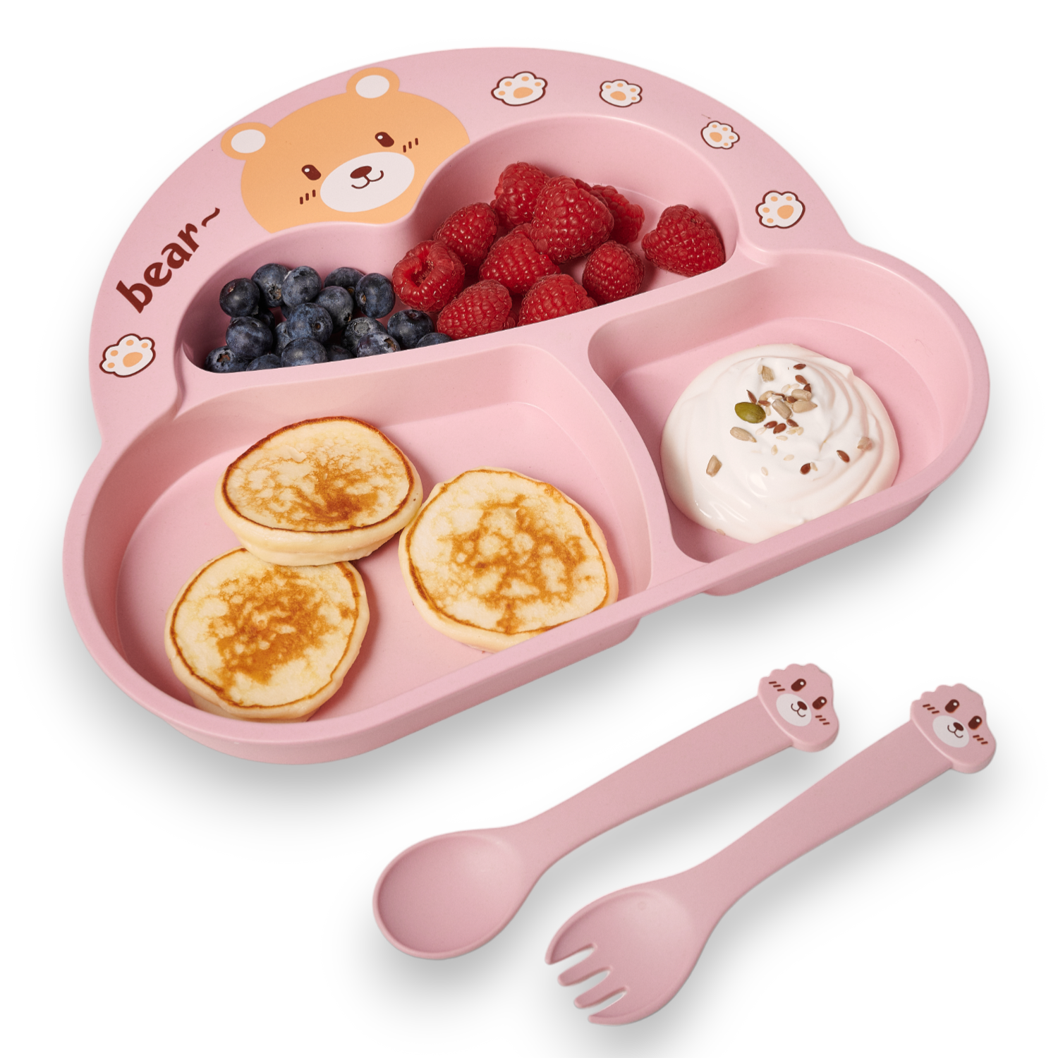 Набор детской посуды Добрый Филин Тарелка вилка ложка Медвежонок розовый 4 предмета - фото 1