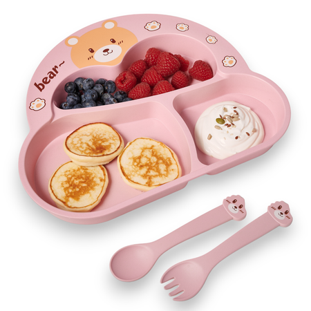 Набор детской посуды Добрый Филин Тарелка вилка ложка Медвежонок розовый 4 предмета