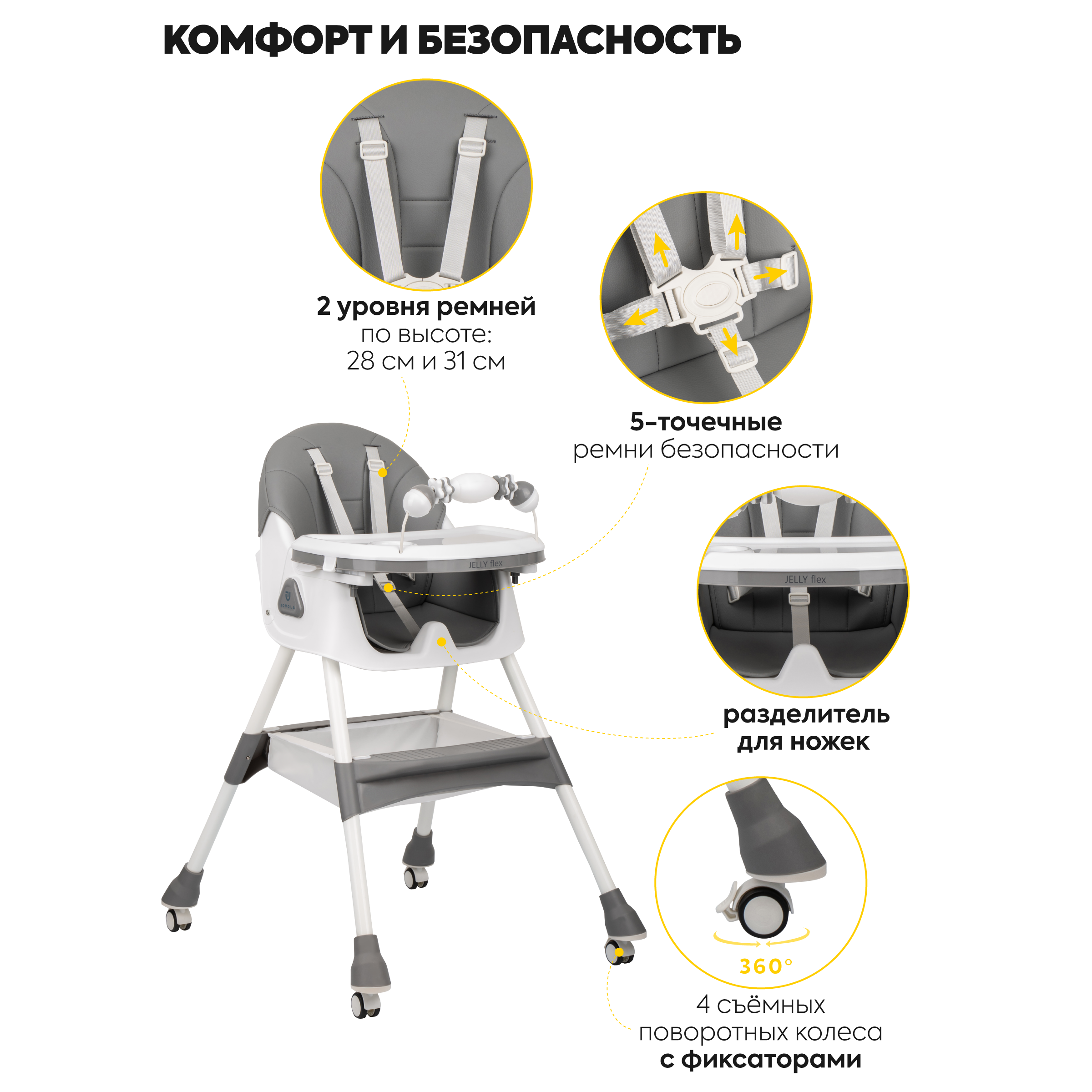 Стульчик JOVOLA для кормления ребенка Jelly Flex от 6 до 36 месяцев темно-серый - фото 4