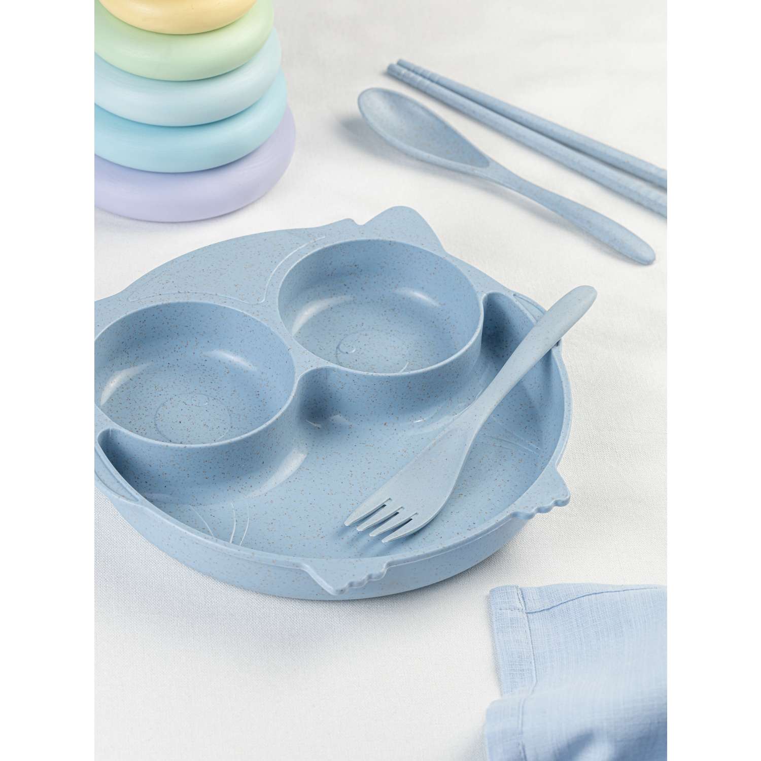Набор детской посуды Добрый Филин Детская тарелка вилка ложка Совушка голубая 4 предмета - фото 6