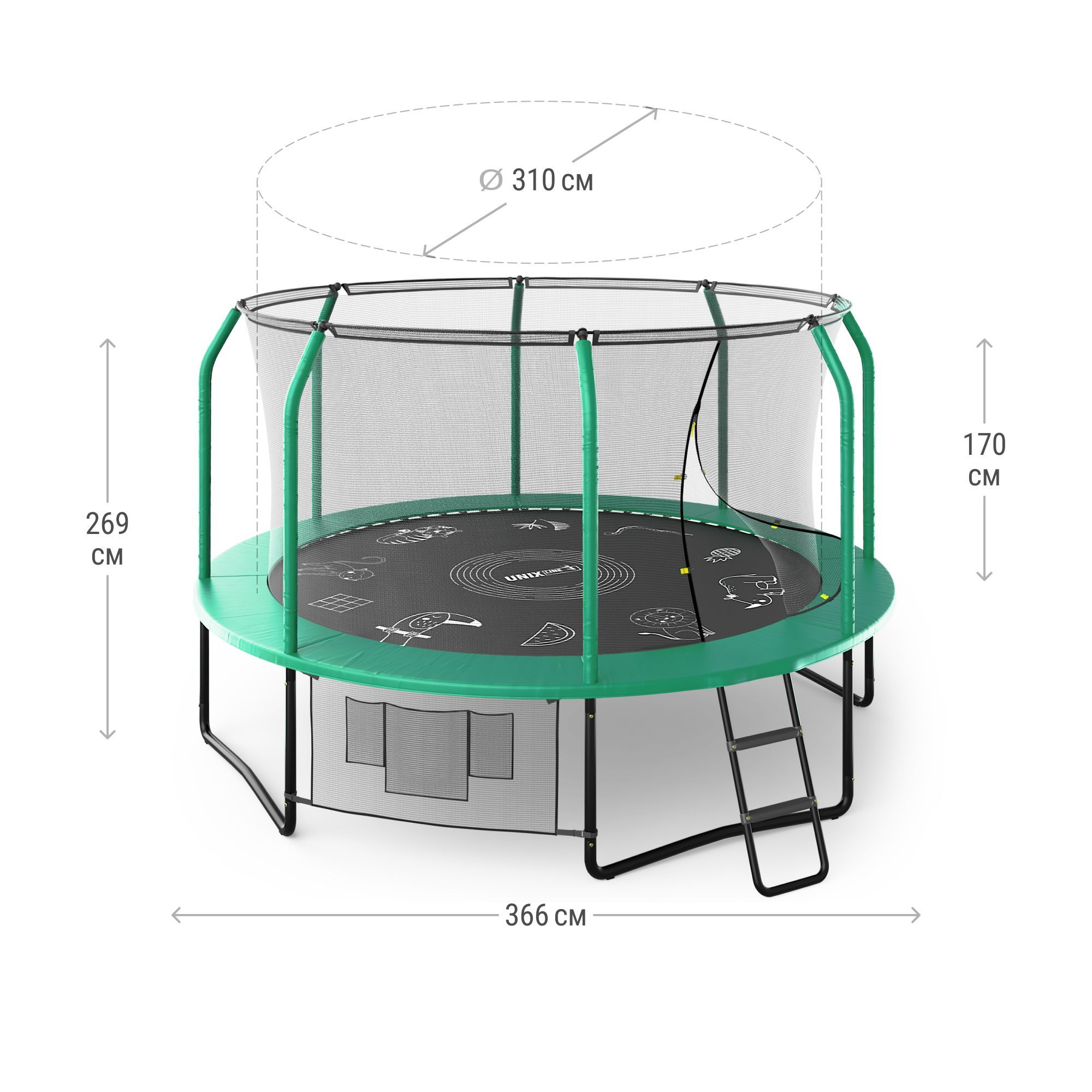 Батут каркасный Supreme Game UNIX line 12 ft Green общий диаметр 366 см до 160 кг диаметр прыжковой зоны 310 см - фото 2