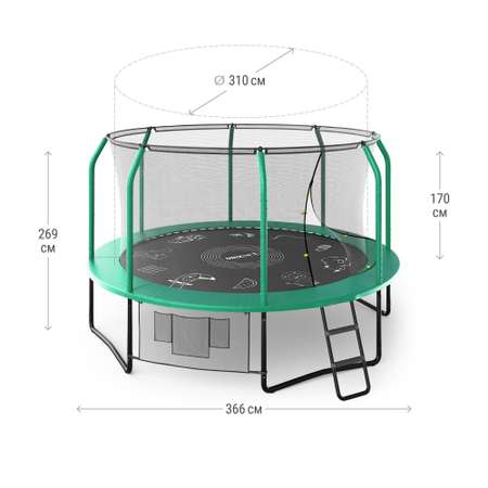 Батут каркасный Supreme Game UNIX line 12 ft Green общий диаметр 366 см до 160 кг диаметр прыжковой зоны 310 см