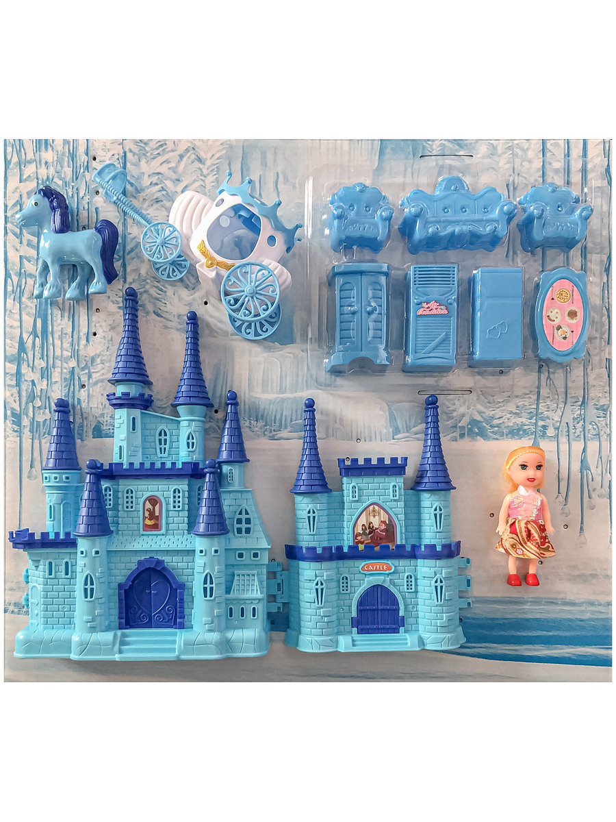 Игровой набор DollyToy Замок принцессы 33х5х26 см кукла 9 см карета лошадь мебель голубой DOL0803-101 - фото 1