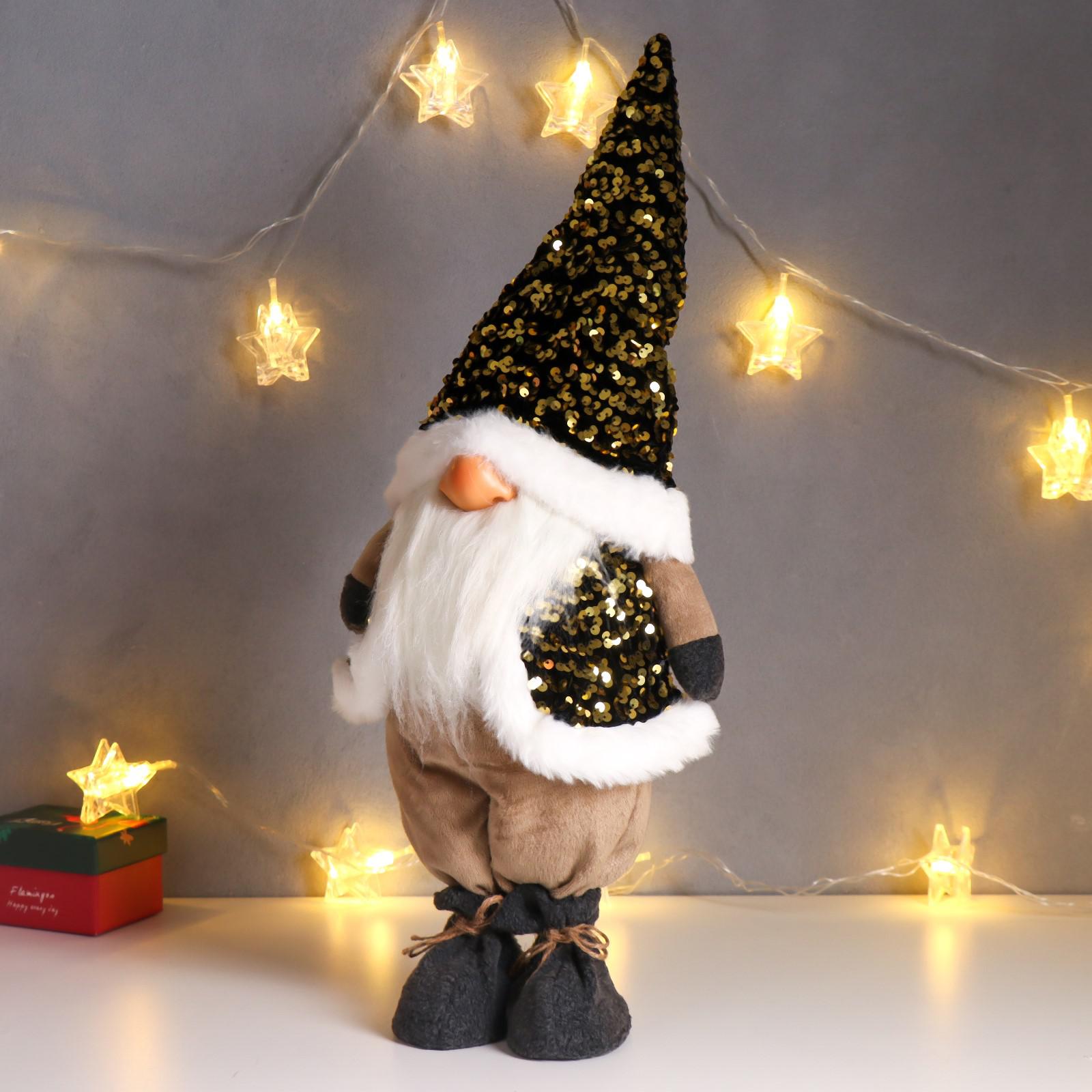 Кукла интерьерная Зимнее волшебство «Дед Мороз в золотом колпаке и жилетке с пайетками» 55х16х22 см - фото 4