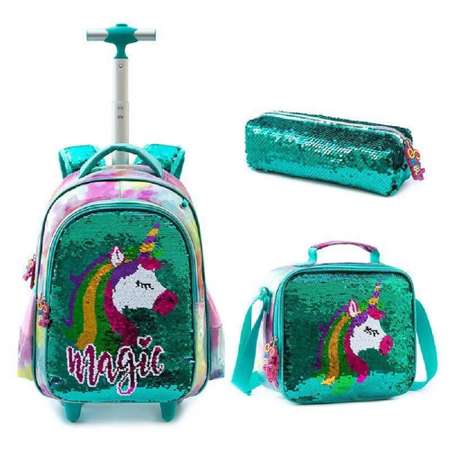 Рюкзак на колесах Jasminestar зеленый Magic с наполнением сумка+пенал