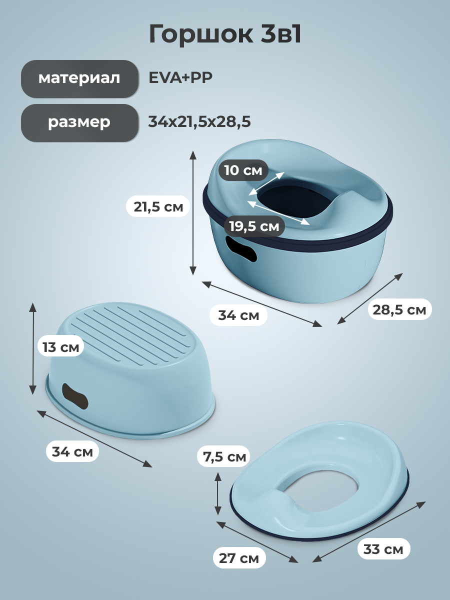 Горшок детский 3 в 1 KUNDER трансформер насадка на унитаз подставка синий - фото 3