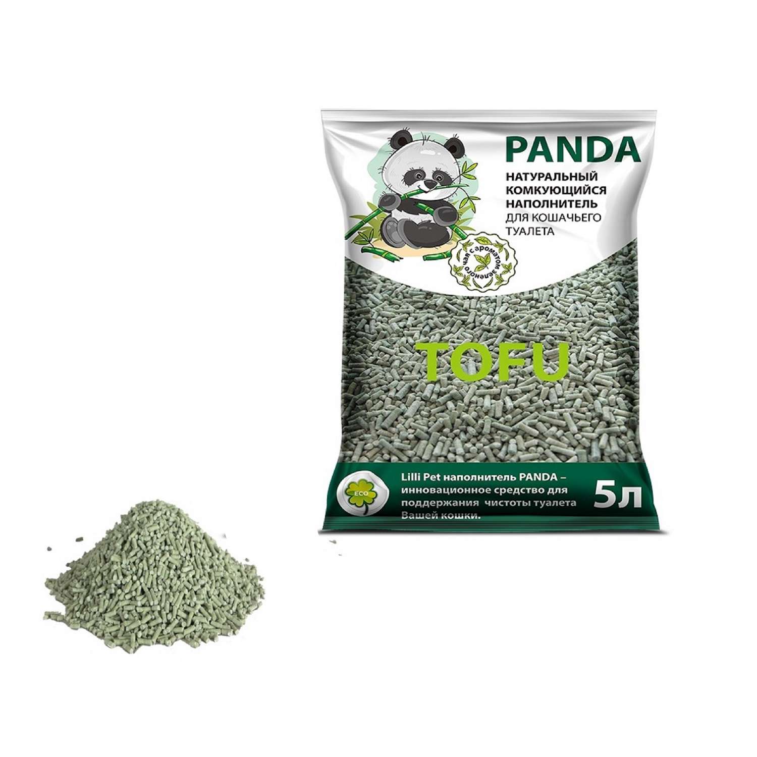 Наполнитель Panda Lilli Pet для кошачьего туалета из Тофу впитывающий запах гипоаллергенный с ароматом зеленого чая 5л - фото 1