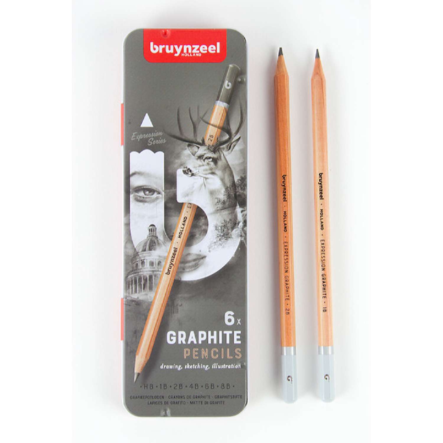 Набор карандашей для графики BRUYNZEEL Expression Graphite 6 типов жесткости в металлическом коробе-пенале - фото 2