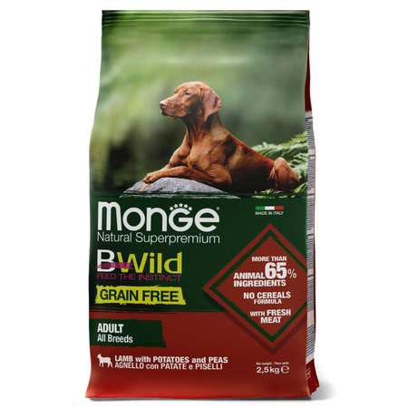 Корм для собак MONGE BWild Grain free из мяса ягненка с картофелем и горохом 2.5кг