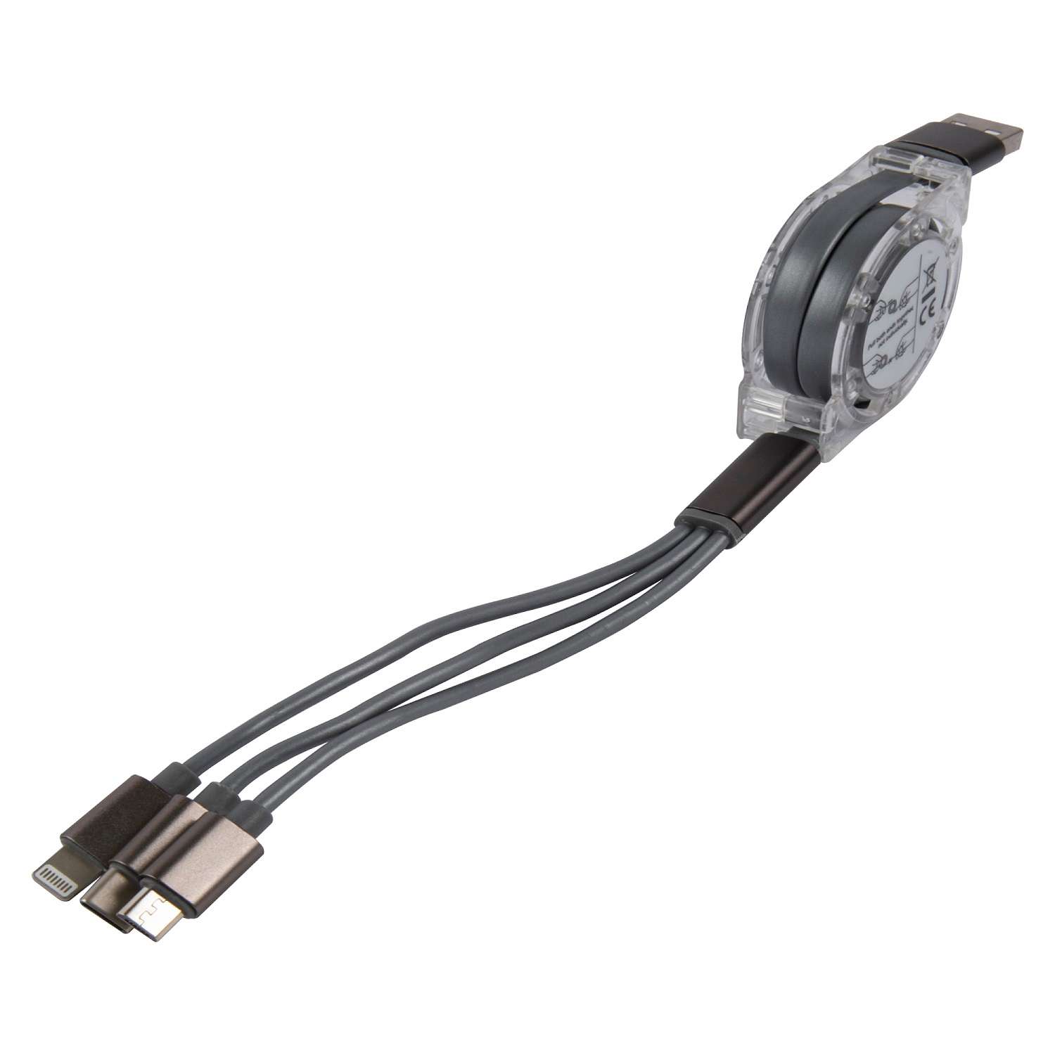 Дата-кабель mObility 3в1 рулетка USB – microUSB + Lightning + Type-C 2A серебристый - фото 1