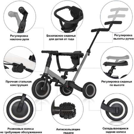 Беговел-велосипед R-Wings с родительской ручкой серый