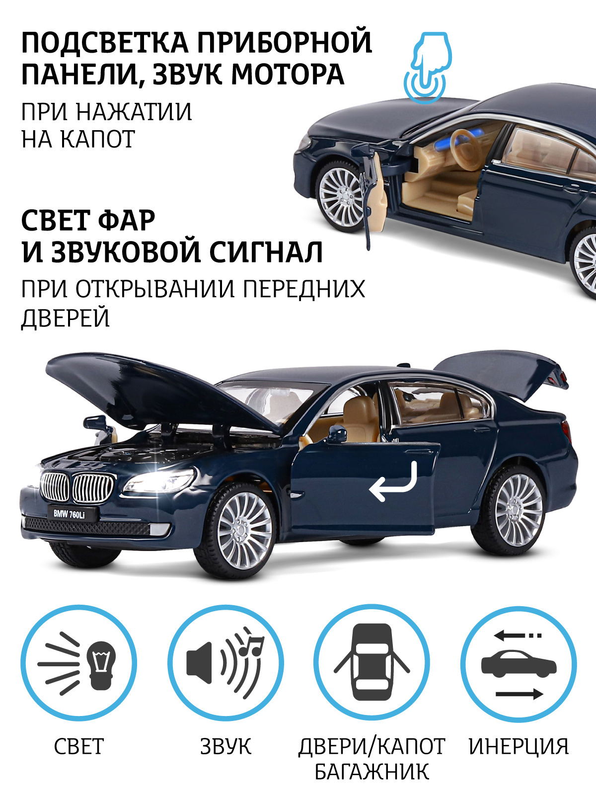 Машинка металлическая Автопанорама 1:34 BMW 760LI, инерционная, свет, звук, открываются двери, свет, звук, резиновые колеса